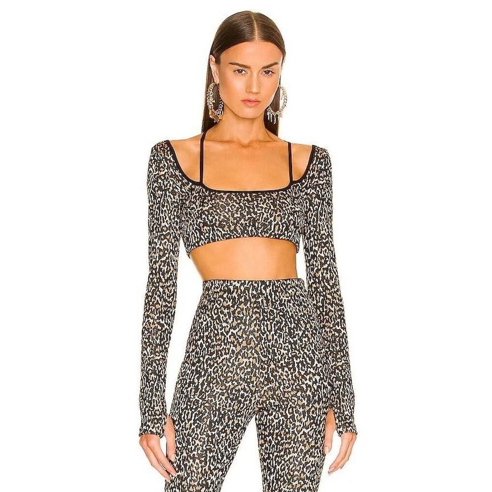 Dundas x Revolve Leopard Print Metallic Crop Top and Leggings Set Gold Small